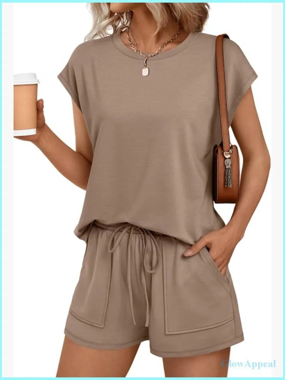 Two Piece Short Set Cap Sleeve Drawstring Summer Sweatsuit with Pocket